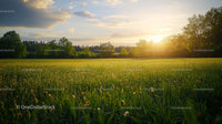Peaceful Green Field at Sunset with Golden Sunlight