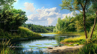 Serene Lake Surrounded by Lush Green Forest Under Blue Sky