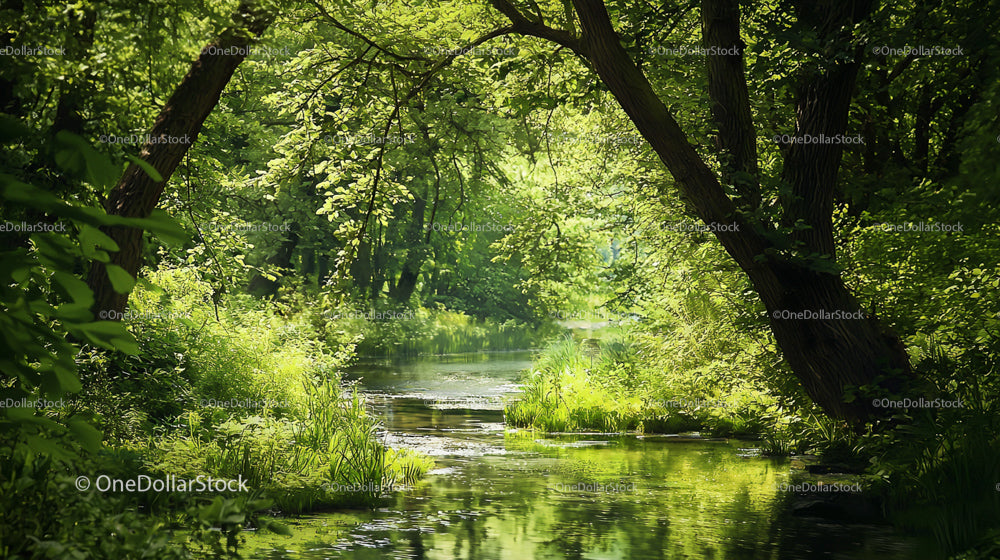 Peaceful Forest Stream with Sunlight Filtering Through Trees