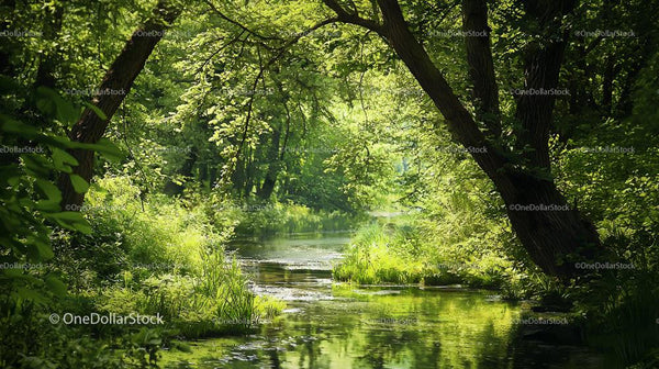 Peaceful Forest Stream with Sunlight Filtering Through Trees