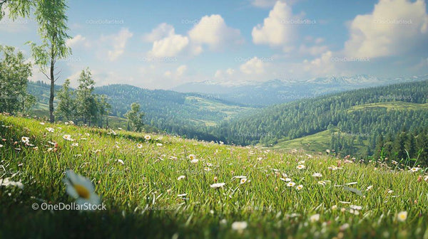Idyllic Meadow with Wildflowers and Majestic Mountain View