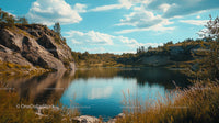 Tranquil Lake with Rocky Shores and Blue Skies