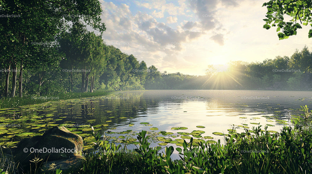 Serene Lake at Sunrise with Lush Greenery and Water Lilies