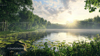 Serene Lake at Sunrise with Lush Greenery and Water Lilies