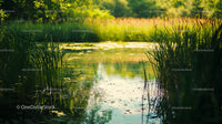 Tranquil Pond Surrounded by Lush Greenery and Reeds
