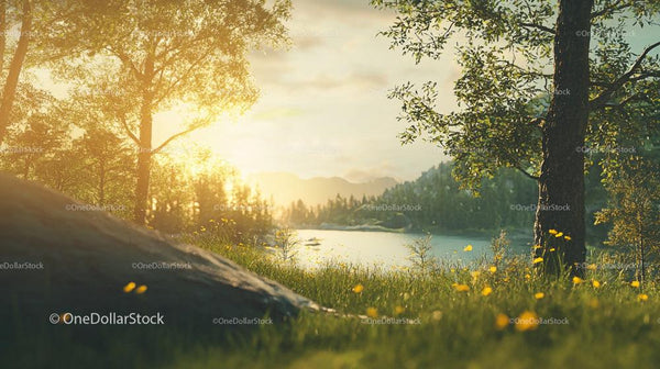 Sunlit Meadow and Tranquil Lake in Serene Forest Landscape