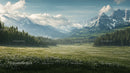 Lush Green Valley Framed by Snow-Capped Mountain Peaks