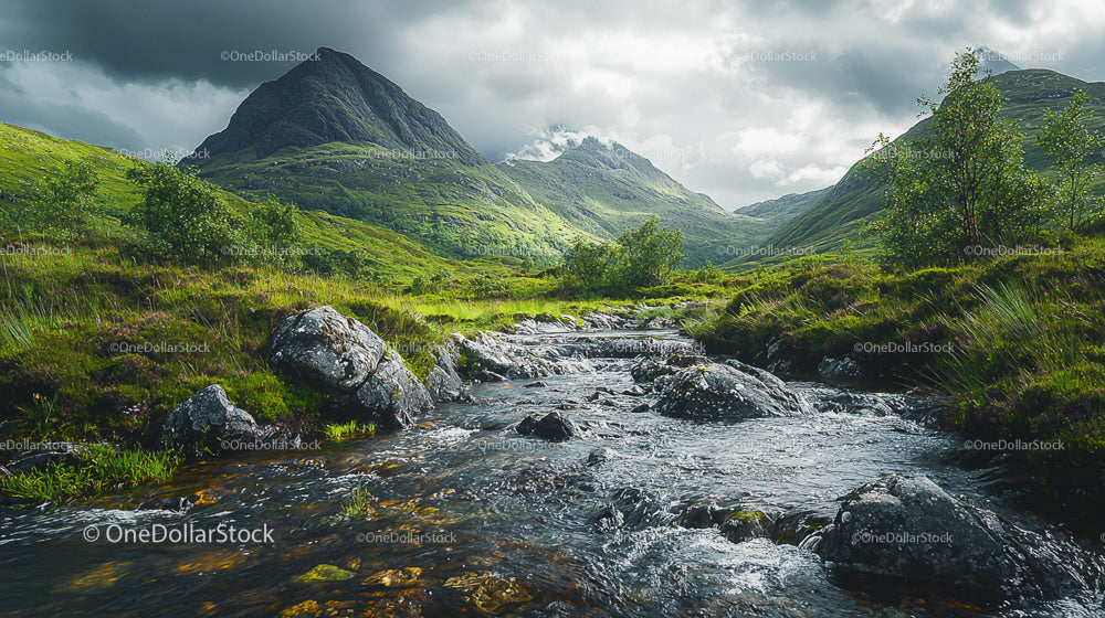 Scenic Mountain Stream in Lush Green Highlands