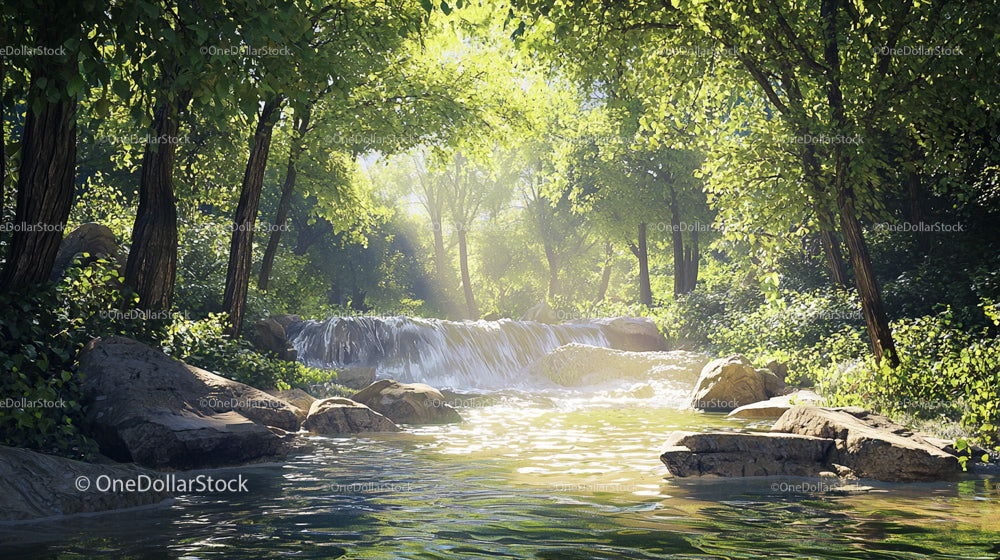 Sunlit Forest Stream with Gentle Waterfall and Greenery