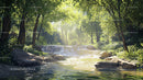 Sunlit Forest Stream with Gentle Waterfall and Greenery