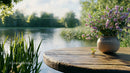 Tranquil Lake Scene with Vase of Purple Flowers on Table