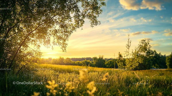 Golden Sunset Over a Tranquil Meadow