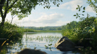 Tranquil Lake with Lush Greenery and Clear Blue Sky