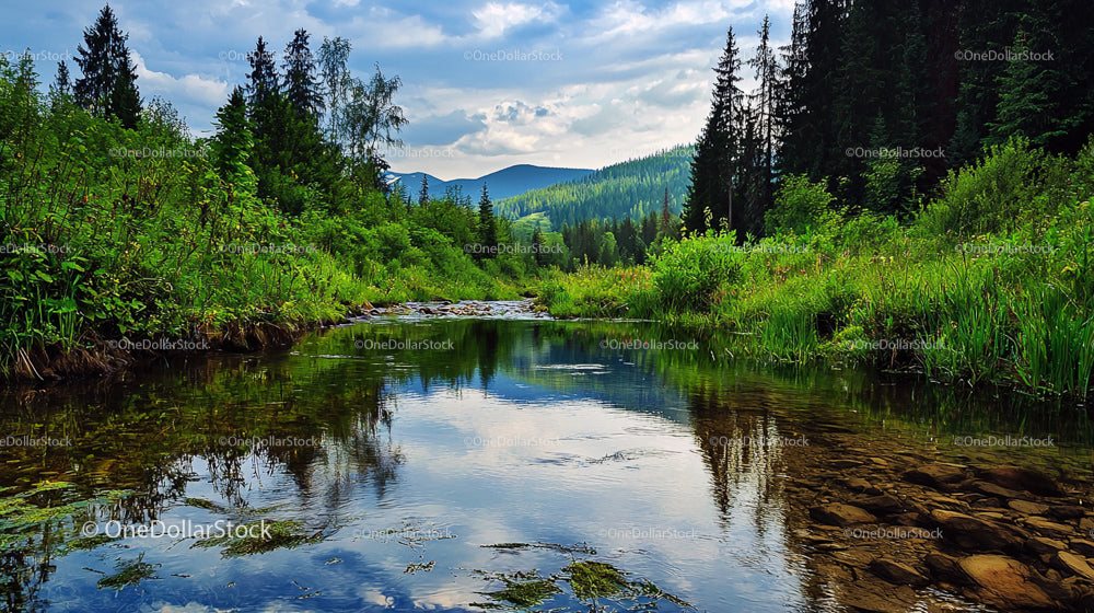 Tranquil River through Lush Forest with Mountain View