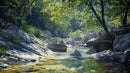 Tranquil River Stream Flowing Through Rocky Forest Landscape