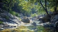 Tranquil River Stream Flowing Through Rocky Forest Landscape