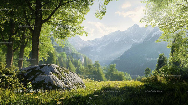 Lush Forest with Alpine Mountain Background at Sunrise