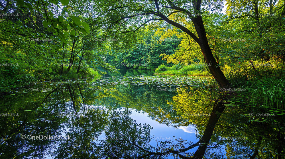 Spokojny leśny staw z bujnymi zielonymi refleksami