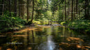 Sunlit Forest Stream Surrounded by Lush Greenery
