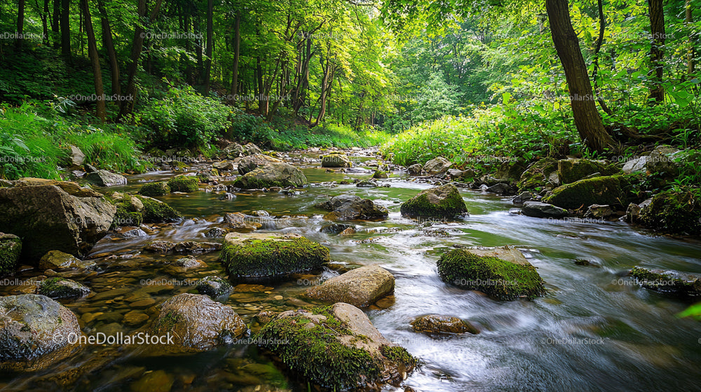 Tranquil Forest Stream with Mossy Rocks and Verdant Greenery