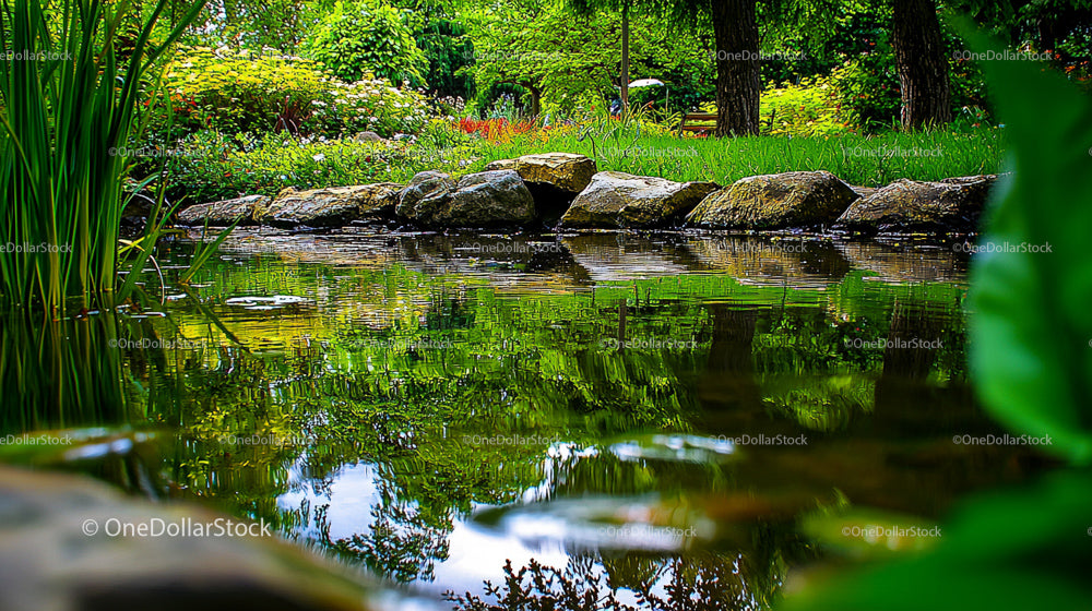 Tranquil Garden Pond with Vibrant Greenery and Stone Edges
