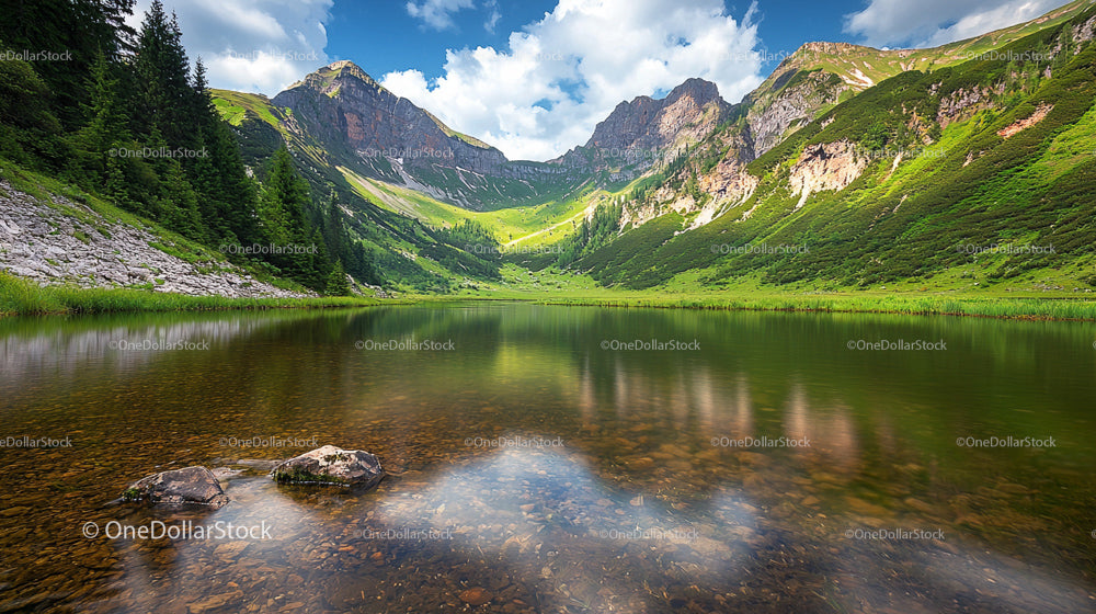 Serene Alpine Lake with Rugged Mountain Scenery