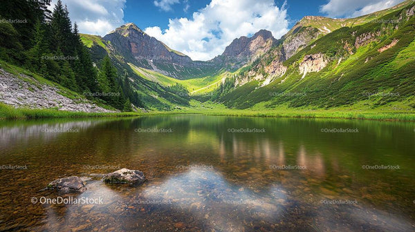 Serene Alpine Lake with Rugged Mountain Scenery