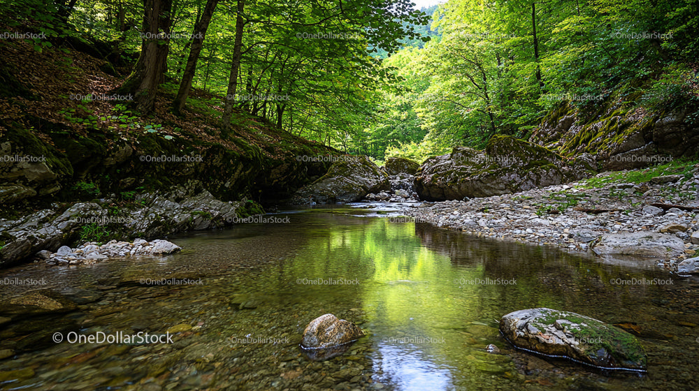 Tranquil Forest Stream with Lush Greenery and Rocky Banks