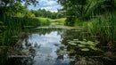 Peaceful Lake Surrounded by Lush Greenery and Lily Pads