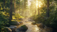 Sunlight Filtering Through Forest with Tranquil Stream