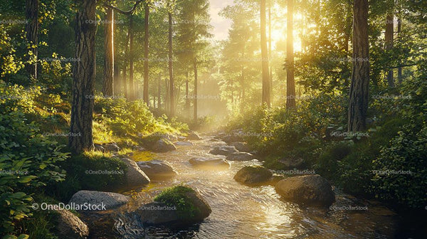 Sunlight Filtering Through Forest with Tranquil Stream