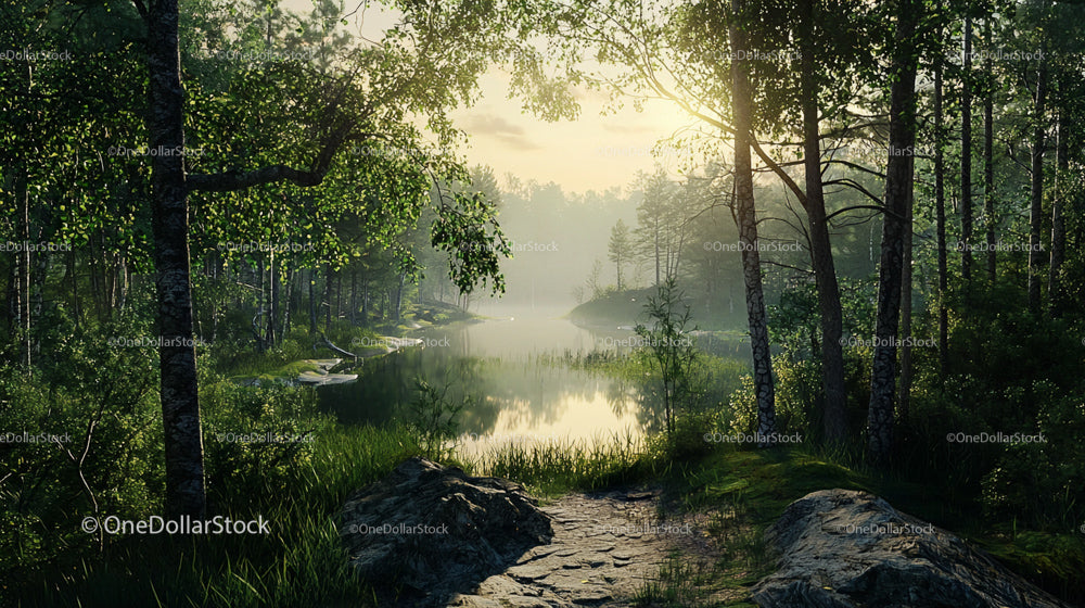 Sunlit Forest Path Leading to a Tranquil Lake