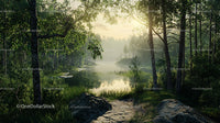 Sunlit Forest Path Leading to a Tranquil Lake