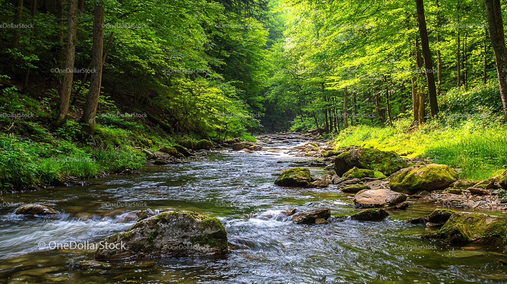 Tranquil Forest Stream with Mossy Rocks and Lush Greenery