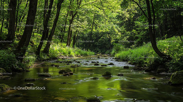 Tranquil Forest Stream Surrounded by Lush Greenery
