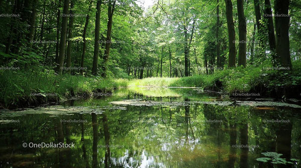 Tranquil Forest Stream Surrounded by Lush Greenery