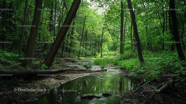 Tranquil Creek Flowing Through Lush Green Forest