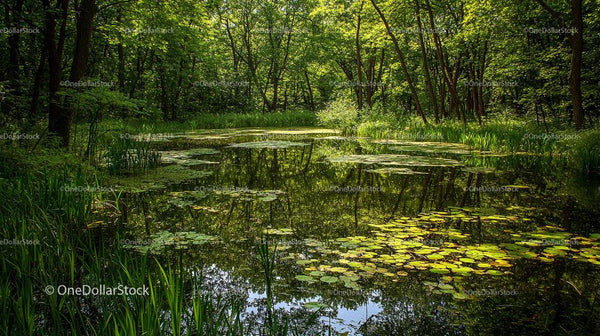Tranquil Forest Pond with Vibrant Green Lily Pads