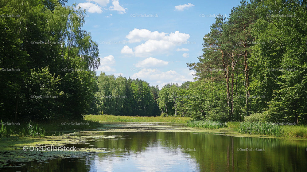 Serene Lake Surrounded by Lush Green Forest and Blue Sky