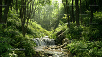 Tranquil Forest Setting with Sunlit Stream