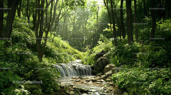 Tranquil Forest Setting with Sunlit Stream