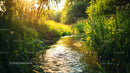 Sunlit Stream Surrounded by Lush Greenery in Summer