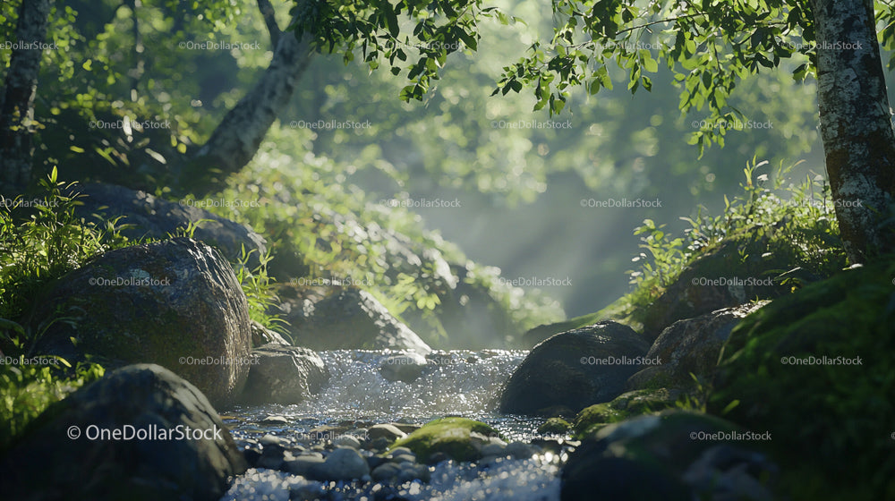 Serene Forest Stream with Sunlight Filtering Through Trees