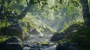 Serene Forest Stream with Sunlight Filtering Through Trees