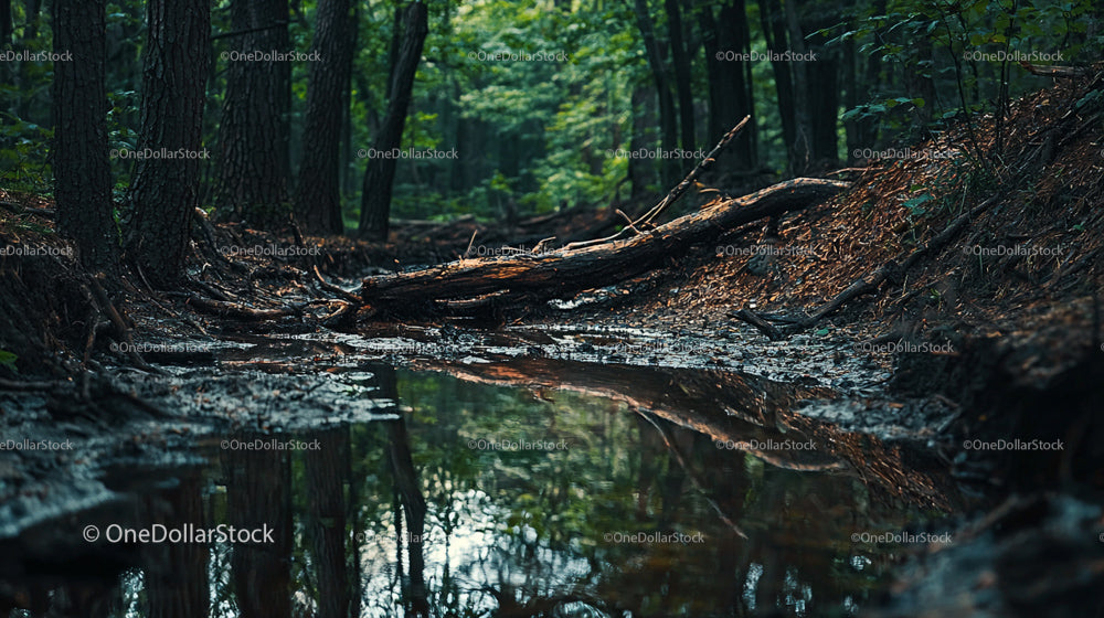 Tranquil Forest Stream with Reflective Water Surface