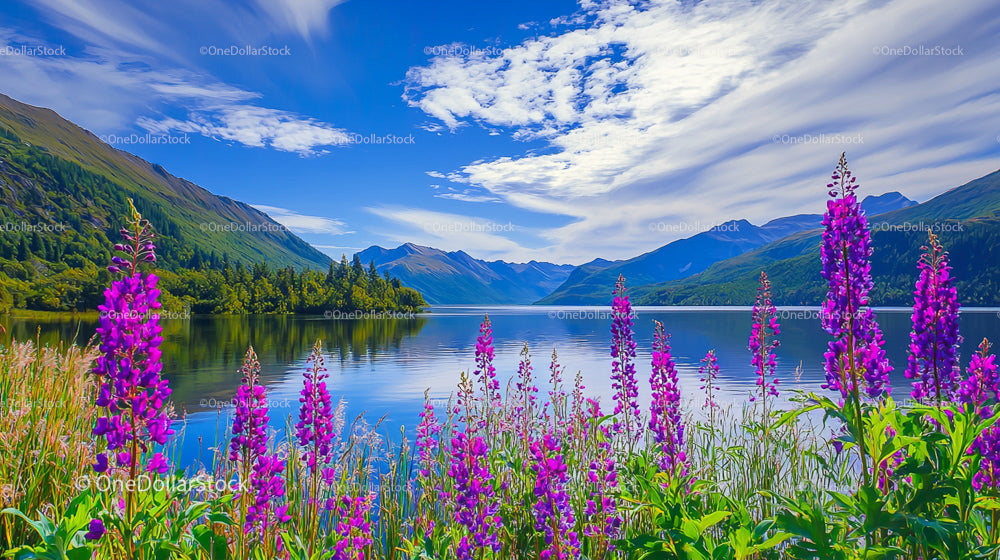 Vibrant Lupines by a Tranquil Mountain Lake