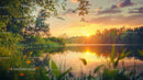 Tranquil Sunset Over a Serene Lake with Lush Greenery