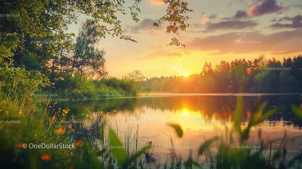 Tranquil Sunset Over a Serene Lake with Lush Greenery