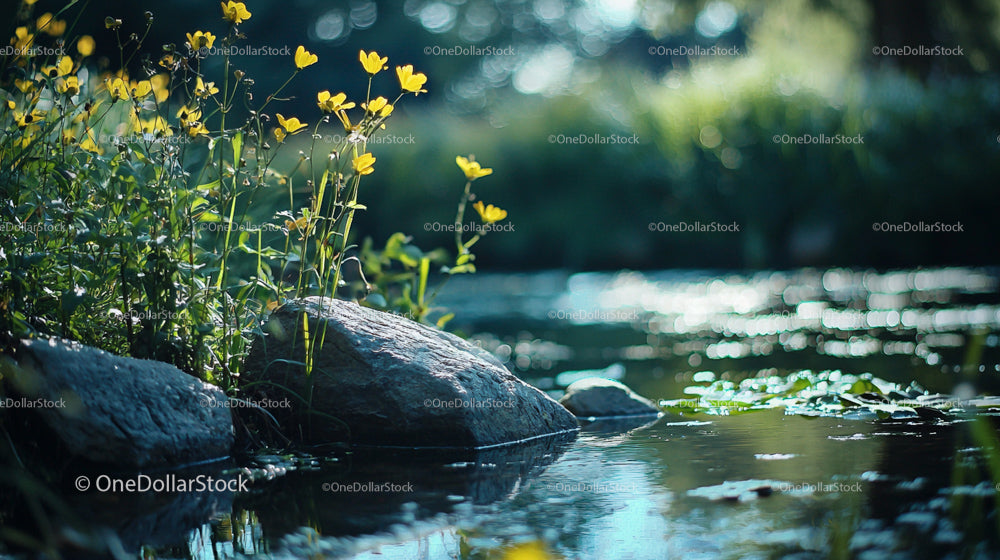 Yellow Wildflowers by a Serene Pond in Sunlit Glade