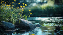 Yellow Wildflowers by a Serene Pond in Sunlit Glade